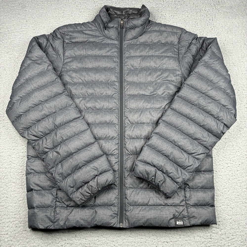 REI Co-Op Down Puffer Jacket Men's Large Gray Lightweight Full Zip Outdoor